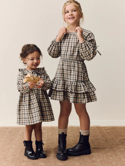 |Girl| Vestido De Gola Longa Com Estampa Xadrez Neutra (3 meses a 8 anos)