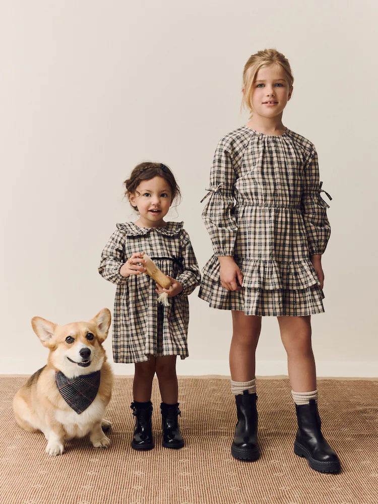 |Girl| Vestido De Gola Longa Com Estampa Xadrez Neutra (3 meses a 8 anos)