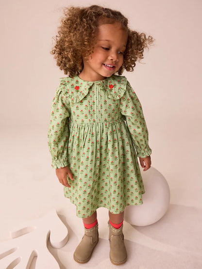 |Girl| Vestido Verde Com Gola Estampada e Manga Comprida (3 meses a 8 anos)