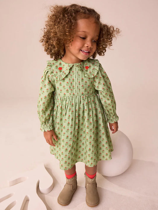 |Girl| Vestido Verde Com Gola Estampada e Manga Comprida (3 meses a 8 anos)