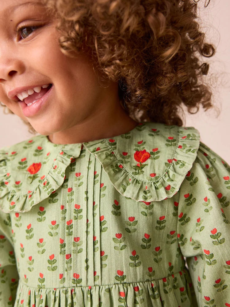 |Girl| Vestido Verde Com Gola Estampada e Manga Comprida (3 meses a 8 anos)