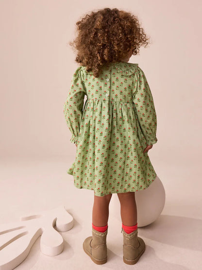 |Girl| Vestido Verde Com Gola Estampada e Manga Comprida (3 meses a 8 anos)