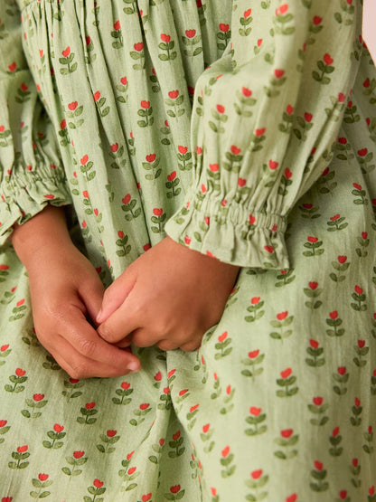 |Girl| Vestido Verde Com Gola Estampada e Manga Comprida (3 meses a 8 anos)