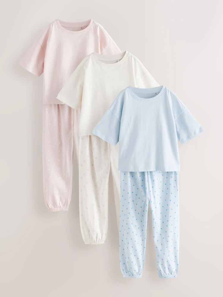 |BigGirl| Pacote Com 3 Pijamas Jogger Estampados Mini Rosa/Azul (3-16 anos)