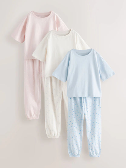 |BigGirl| Pacote Com 3 Pijamas Jogger Estampados Mini Rosa/Azul (3-16 anos)
