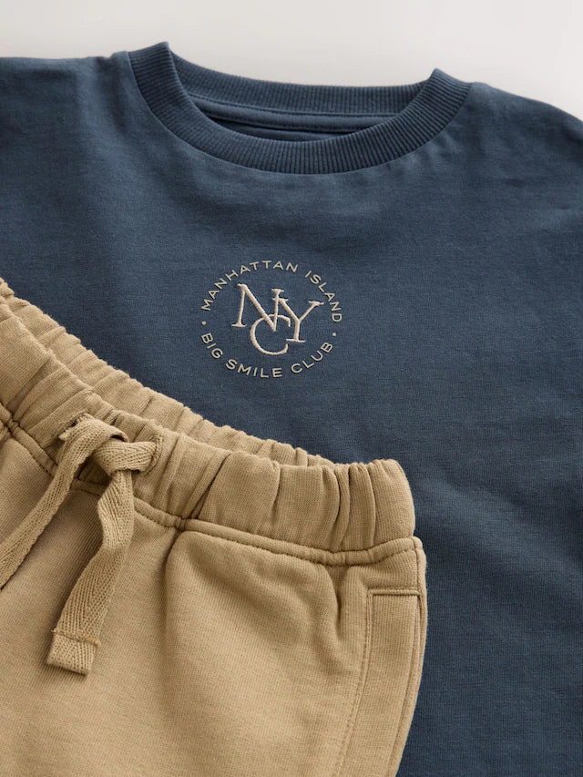 |Boy| Conjunto De Camiseta De Manga Curta Azul Marinho/Bege e Calça Jogger Utilitária (3 meses a 7 anos)