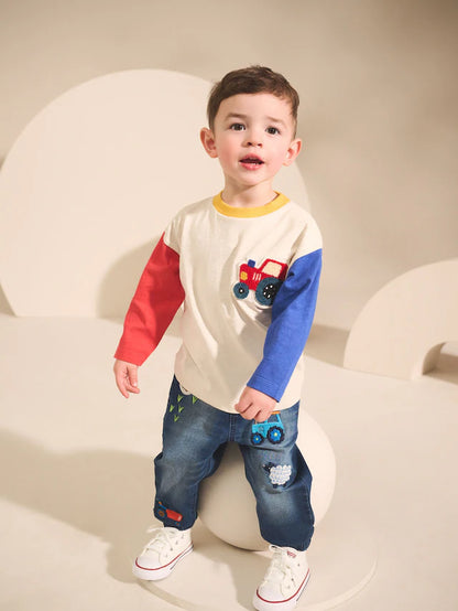 |Boy| Camiseta De Manga Comprida Com Apliques De Trator Multibrilhante e Colorido (3 meses a 7 anos)
