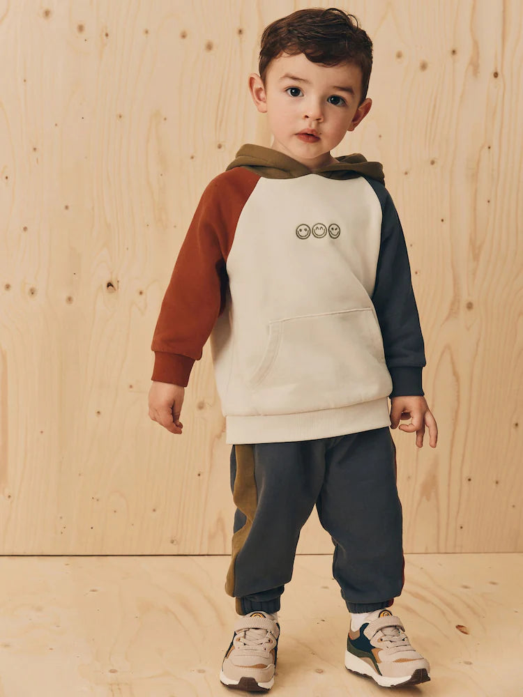 |Boy| Conjunto De Moletom Com Capuz e Calça Jogger Colourblock Em Tom Cru Off White e cinza carvão (3 meses a 7 anos)