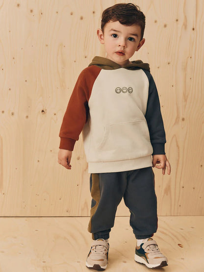 |Boy| Conjunto De Moletom Com Capuz e Calça Jogger Colourblock Em Tom Cru Off White e cinza carvão (3 meses a 7 anos)