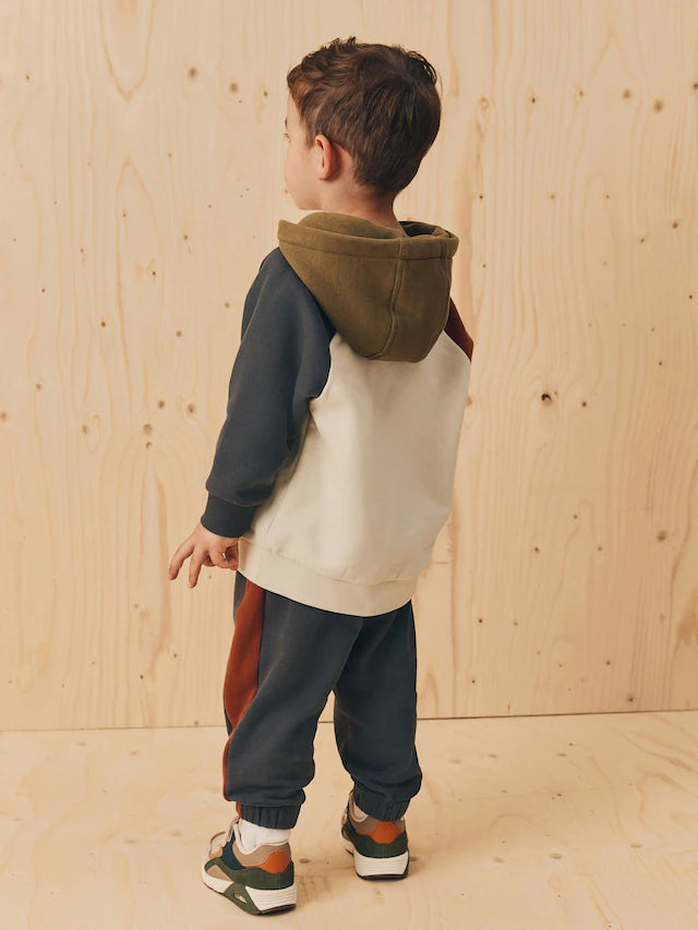 |Boy| Conjunto De Moletom Com Capuz e Calça Jogger Colourblock Em Tom Cru Off White e cinza carvão (3 meses a 7 anos)