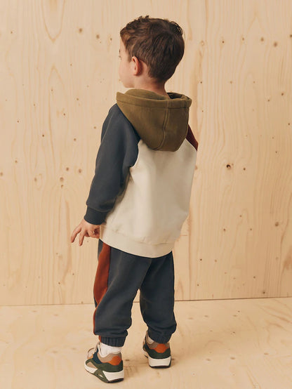 |Boy| Conjunto De Moletom Com Capuz e Calça Jogger Colourblock Em Tom Cru Off White e cinza carvão (3 meses a 7 anos)