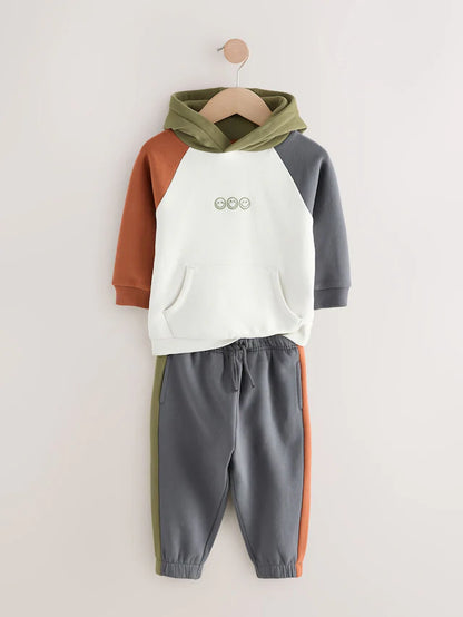 |Boy| Conjunto De Moletom Com Capuz e Calça Jogger Colourblock Em Tom Cru Off White e cinza carvão (3 meses a 7 anos)
