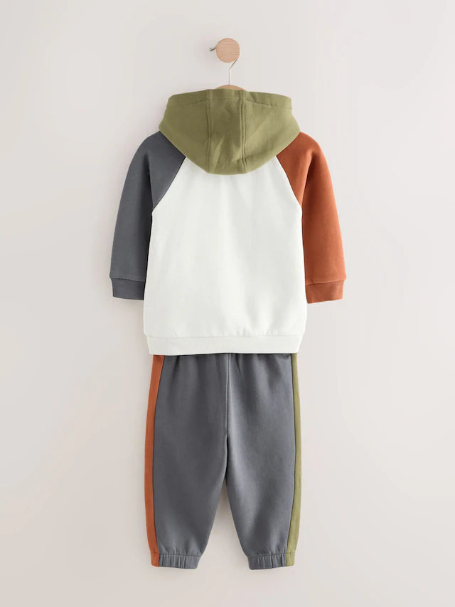 |Boy| Conjunto De Moletom Com Capuz e Calça Jogger Colourblock Em Tom Cru Off White e cinza carvão (3 meses a 7 anos)