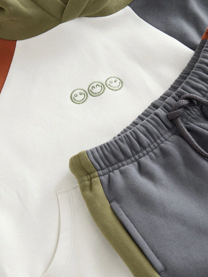 |Boy| Conjunto De Moletom Com Capuz e Calça Jogger Colourblock Em Tom Cru Off White e cinza carvão (3 meses a 7 anos)