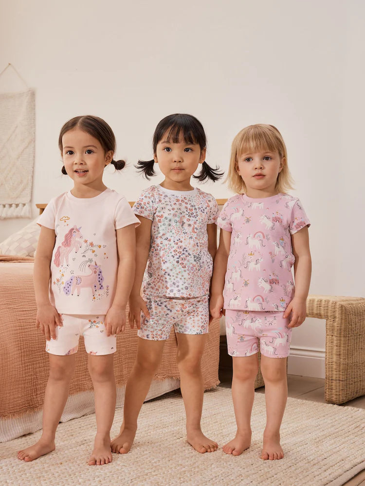 |Girl| Conjunto De 3 Pijamas Curtos De Unicórnio Rosa/Creme (9 meses a 12 anos)