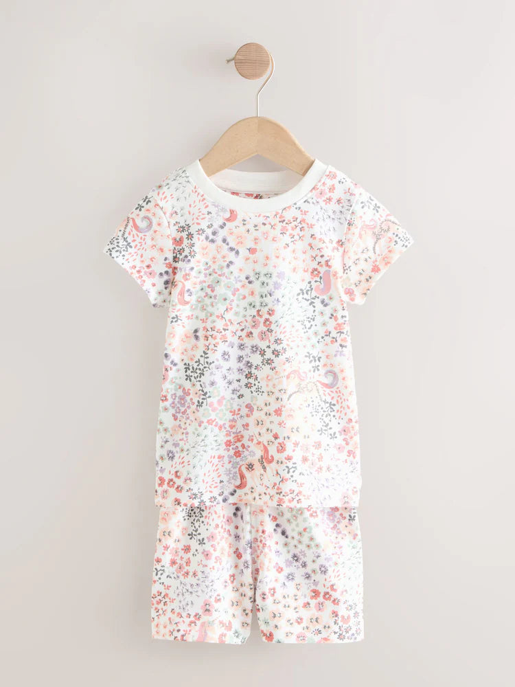 |Girl| Conjunto De 3 Pijamas Curtos De Unicórnio Rosa/Creme (9 meses a 12 anos)