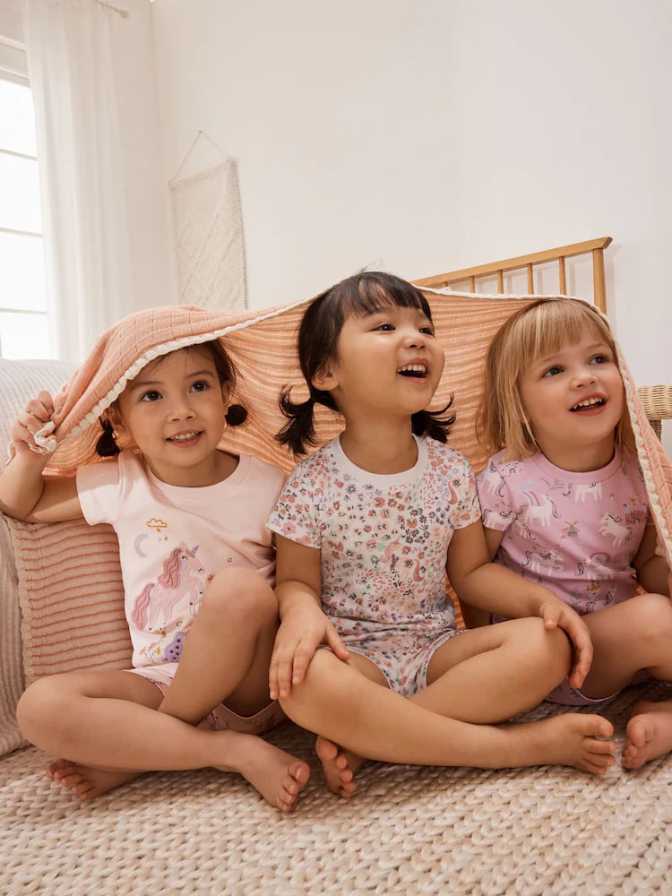 |Girl| Conjunto De 3 Pijamas Curtos De Unicórnio Rosa/Creme (9 meses a 12 anos)