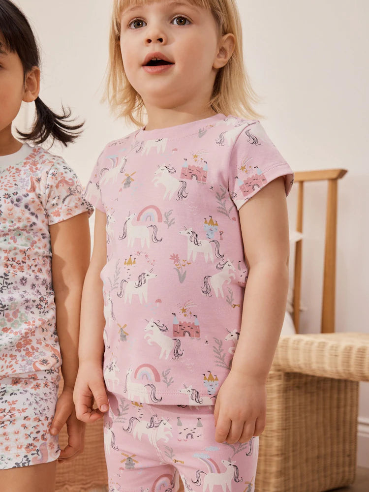 |Girl| Conjunto De 3 Pijamas Curtos De Unicórnio Rosa/Creme (9 meses a 12 anos)