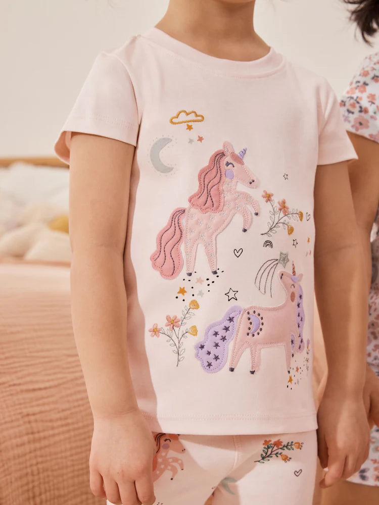 |Girl| Conjunto De 3 Pijamas Curtos De Unicórnio Rosa/Creme (9 meses a 12 anos)