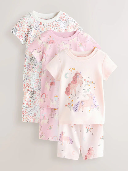 |Girl| Conjunto De 3 Pijamas Curtos De Unicórnio Rosa/Creme (9 meses a 12 anos)