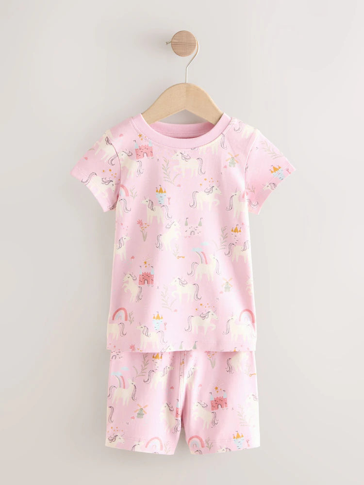 |Girl| Conjunto De 3 Pijamas Curtos De Unicórnio Rosa/Creme (9 meses a 12 anos)