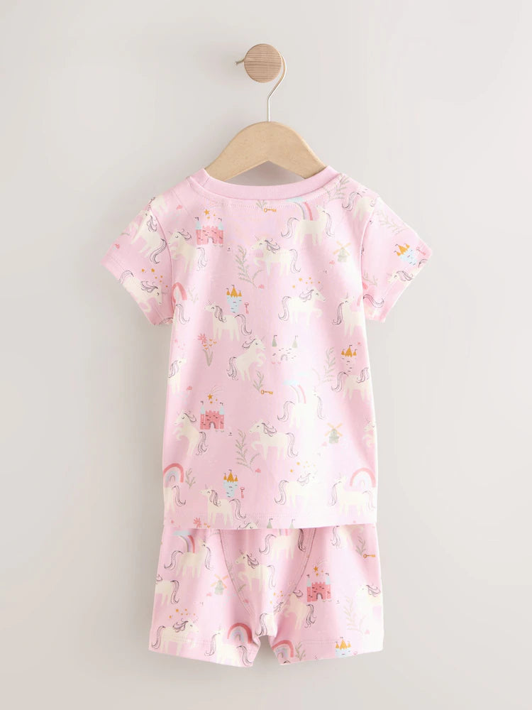 |Girl| Conjunto De 3 Pijamas Curtos De Unicórnio Rosa/Creme (9 meses a 12 anos)