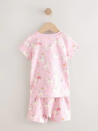 |Girl| Conjunto De 3 Pijamas Curtos De Unicórnio Rosa/Creme (9 meses a 12 anos)