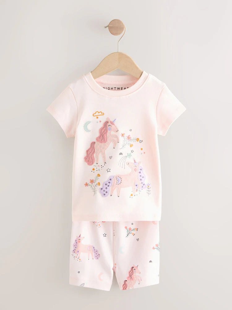 |Girl| Conjunto De 3 Pijamas Curtos De Unicórnio Rosa/Creme (9 meses a 12 anos)