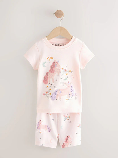 |Girl| Conjunto De 3 Pijamas Curtos De Unicórnio Rosa/Creme (9 meses a 12 anos)