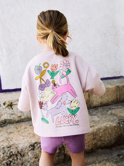 |Girl| Conjunto De Blusa e Shorts Rosa Lucky Dog (3 meses a 7 anos)