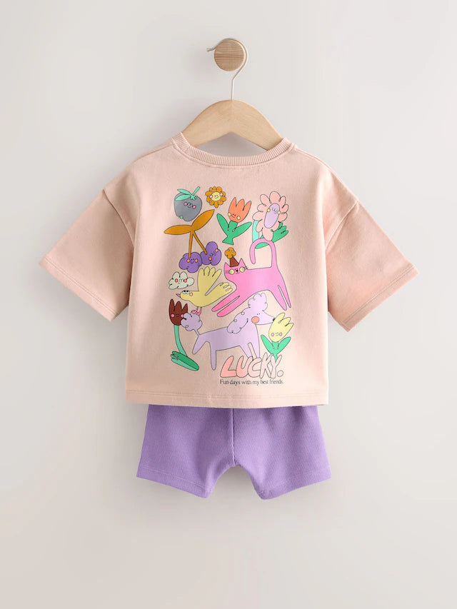 |Girl| Conjunto De Blusa e Shorts Rosa Lucky Dog (3 meses a 7 anos)