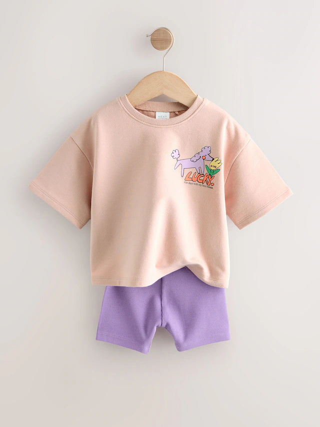 |Girl| Conjunto De Blusa e Shorts Rosa Lucky Dog (3 meses a 7 anos)