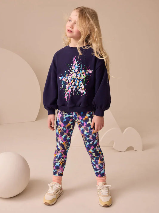 |BigGirl| Conjunto De Moletom e Leggings Com Lantejoulas Azul Marinho (3-16 anos)