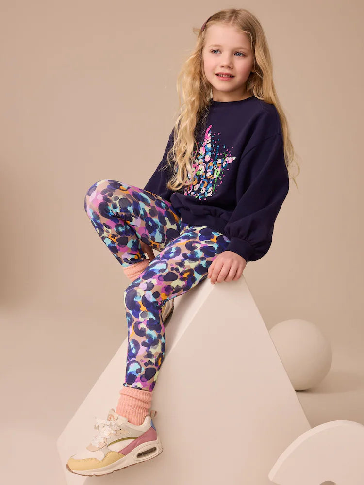 |BigGirl| Conjunto De Moletom e Leggings Com Lantejoulas Azul Marinho (3-16 anos)