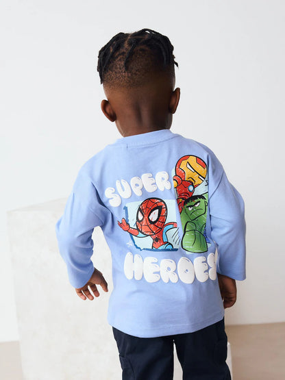 |Boy| Camiseta Marvel Azul de Manga Longa (6 meses a 8 anos)