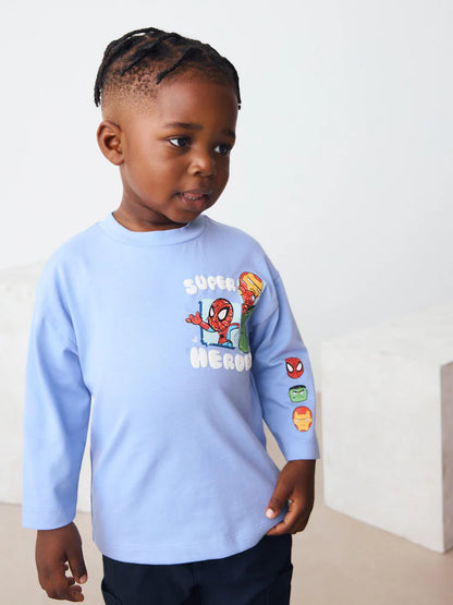 |Boy| Camiseta Marvel Azul de Manga Longa (6 meses a 8 anos)