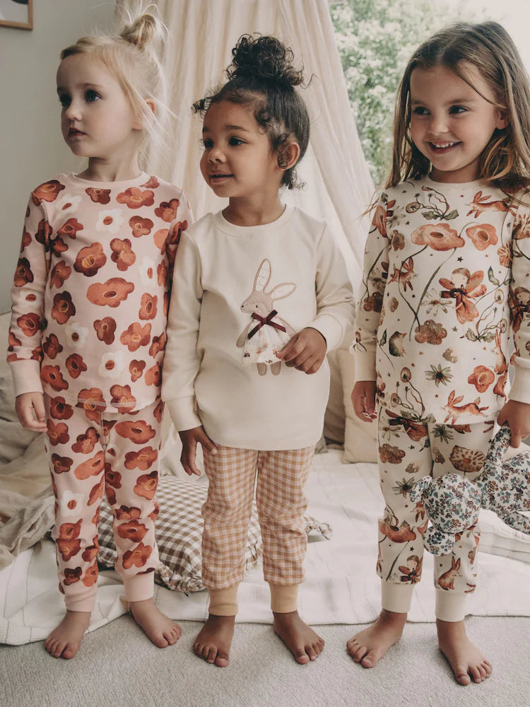 |Girl| Pijama Snuggle Com Apliques De Coelho Rosa/Creme, Pacote Com 3 (9 meses a 9 anos)