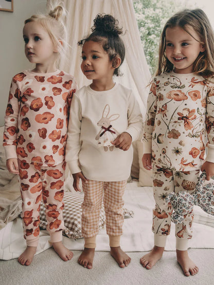 |Girl| Pijama Snuggle Com Apliques De Coelho Rosa/Creme, Pacote Com 3 (9 meses a 9 anos)