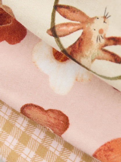 |Girl| Pijama Snuggle Com Apliques De Coelho Rosa/Creme, Pacote Com 3 (9 meses a 9 anos)