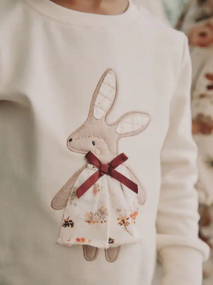 |Girl| Pijama Snuggle Com Apliques De Coelho Rosa/Creme, Pacote Com 3 (9 meses a 9 anos)