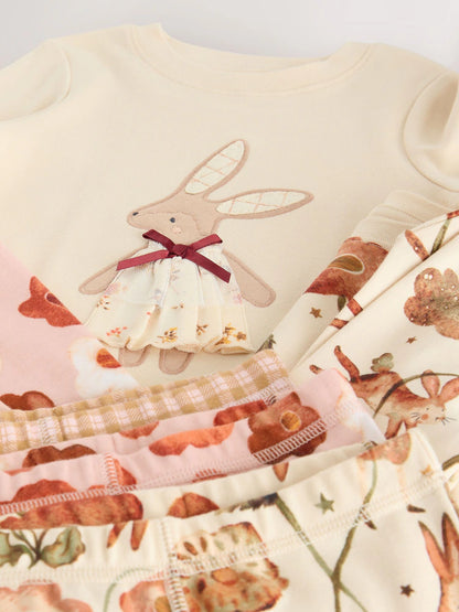 |Girl| Pijama Snuggle Com Apliques De Coelho Rosa/Creme, Pacote Com 3 (9 meses a 9 anos)