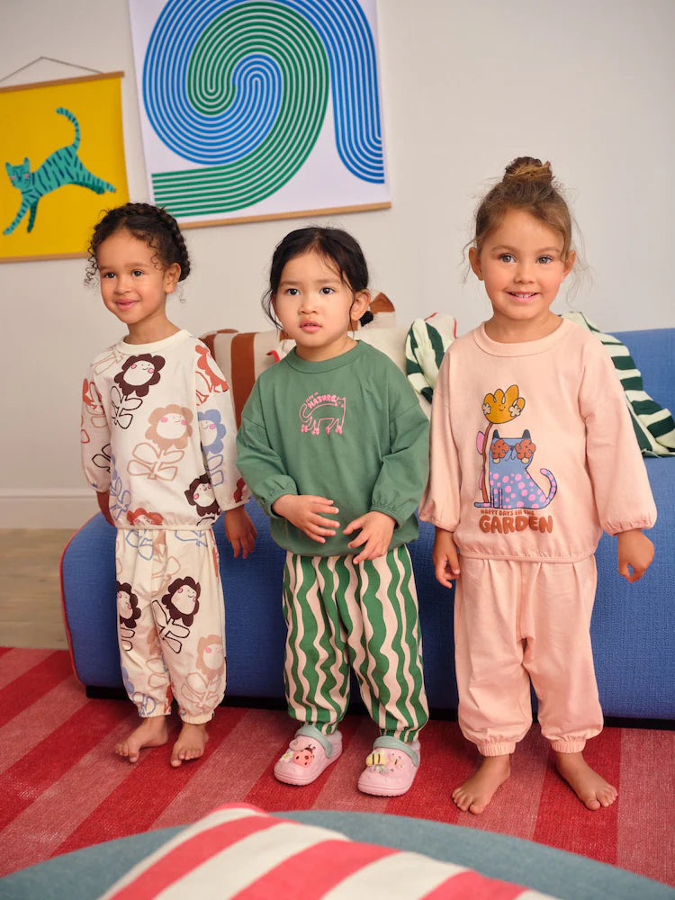 |Girl| Pijama Jogger Com Estampa De Personagem Rosa/Verde, Pacote com 3 (9 meses a 10 anos)