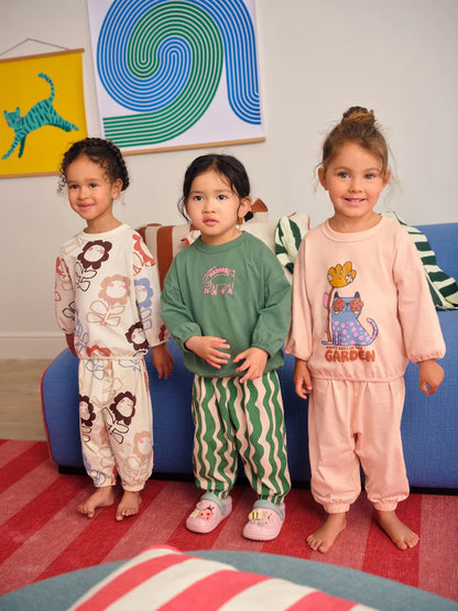 |Girl| Pijama Jogger Com Estampa De Personagem Rosa/Verde, Pacote com 3 (9 meses a 10 anos)