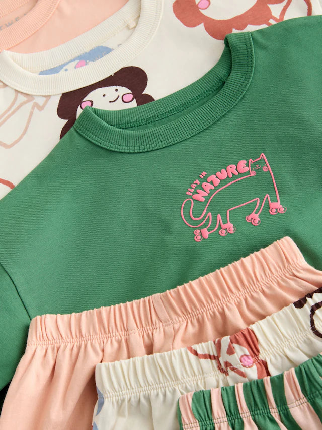|Girl| Pijama Jogger Com Estampa De Personagem Rosa/Verde, Pacote com 3 (9 meses a 10 anos)