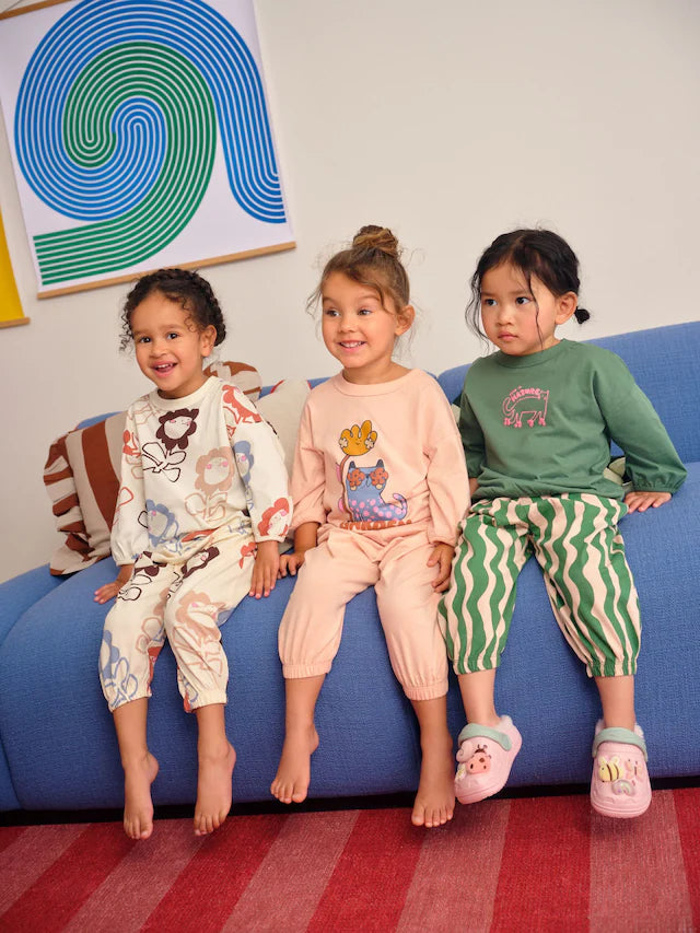 |Girl| Pijama Jogger Com Estampa De Personagem Rosa/Verde, Pacote com 3 (9 meses a 10 anos)