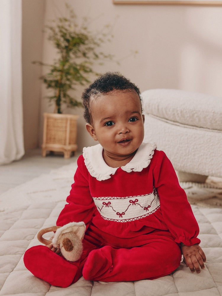 |BabyGirl| Macacão De Dormir De Veludo Com Laço Vermelho Para Bebê (0 meses a 2 anos)