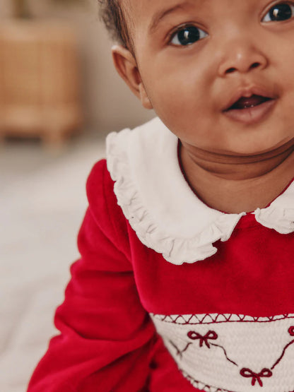 |BabyGirl| Macacão De Dormir De Veludo Com Laço Vermelho Para Bebê (0 meses a 2 anos)