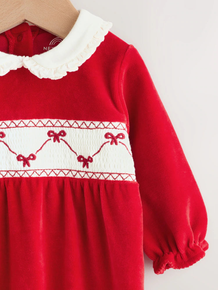 |BabyGirl| Macacão De Dormir De Veludo Com Laço Vermelho Para Bebê (0 meses a 2 anos)