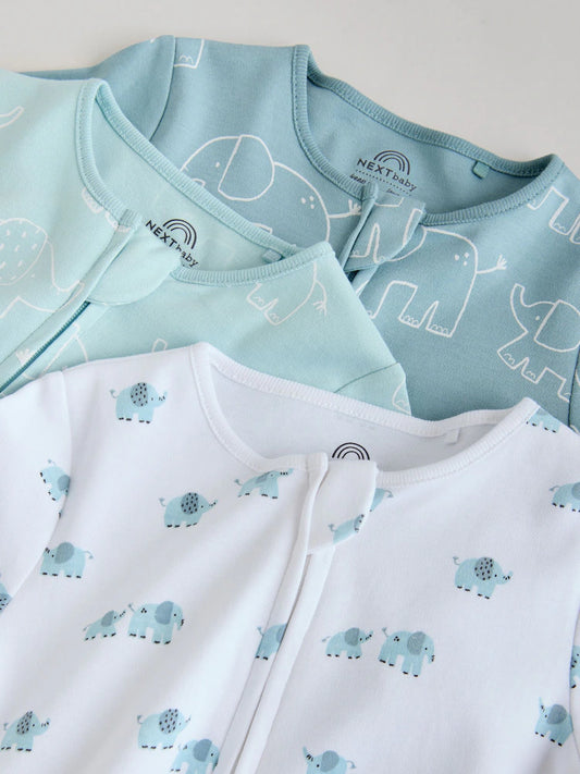 |BabyGirl| Kit com 3 Macacões de Bebê Estampa de Elefantes (Azul) – Tamanhos de 0 a 2 Anos