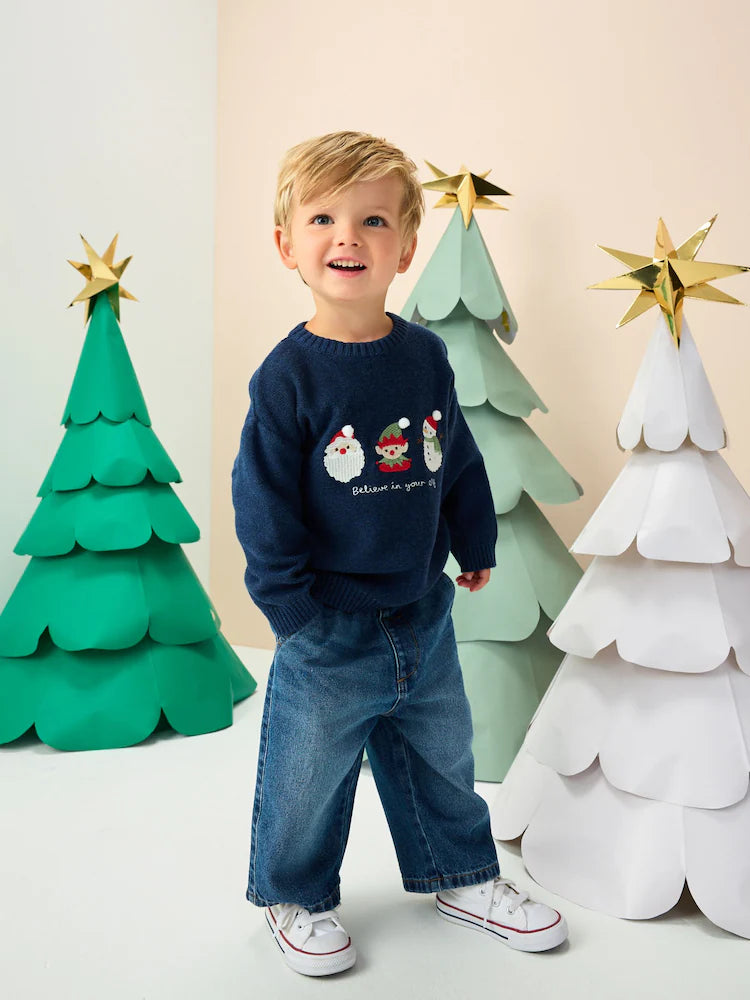 |Boy| Suéter De Natal Em Tricô Azul Marinho (3 meses a 7 anos)